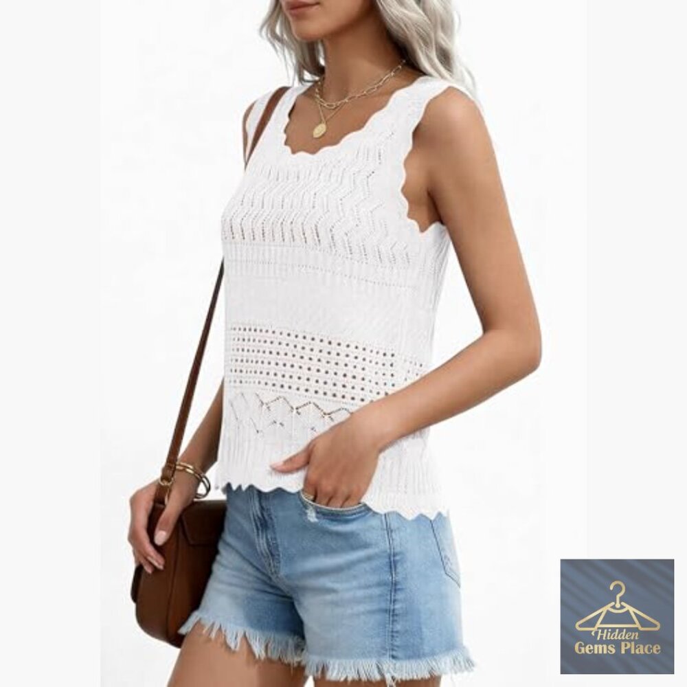 Crochet Tank Top Sleeveless Sweater Vest Boho Beach Vacation Wear - Picture 4 of 7